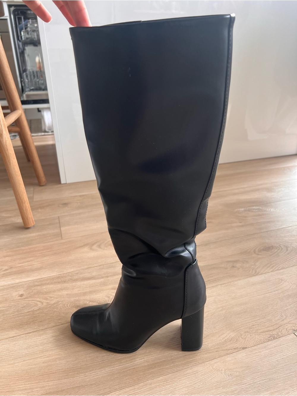 Bershka Black Knee-High Block Leather Heel Boots